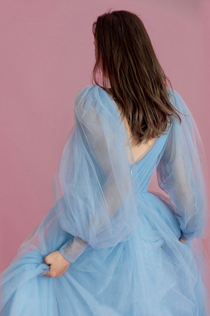 Blue V-Neck Tulle Long Prom Dress, Beautiful Puff Sleeve Evening Dress