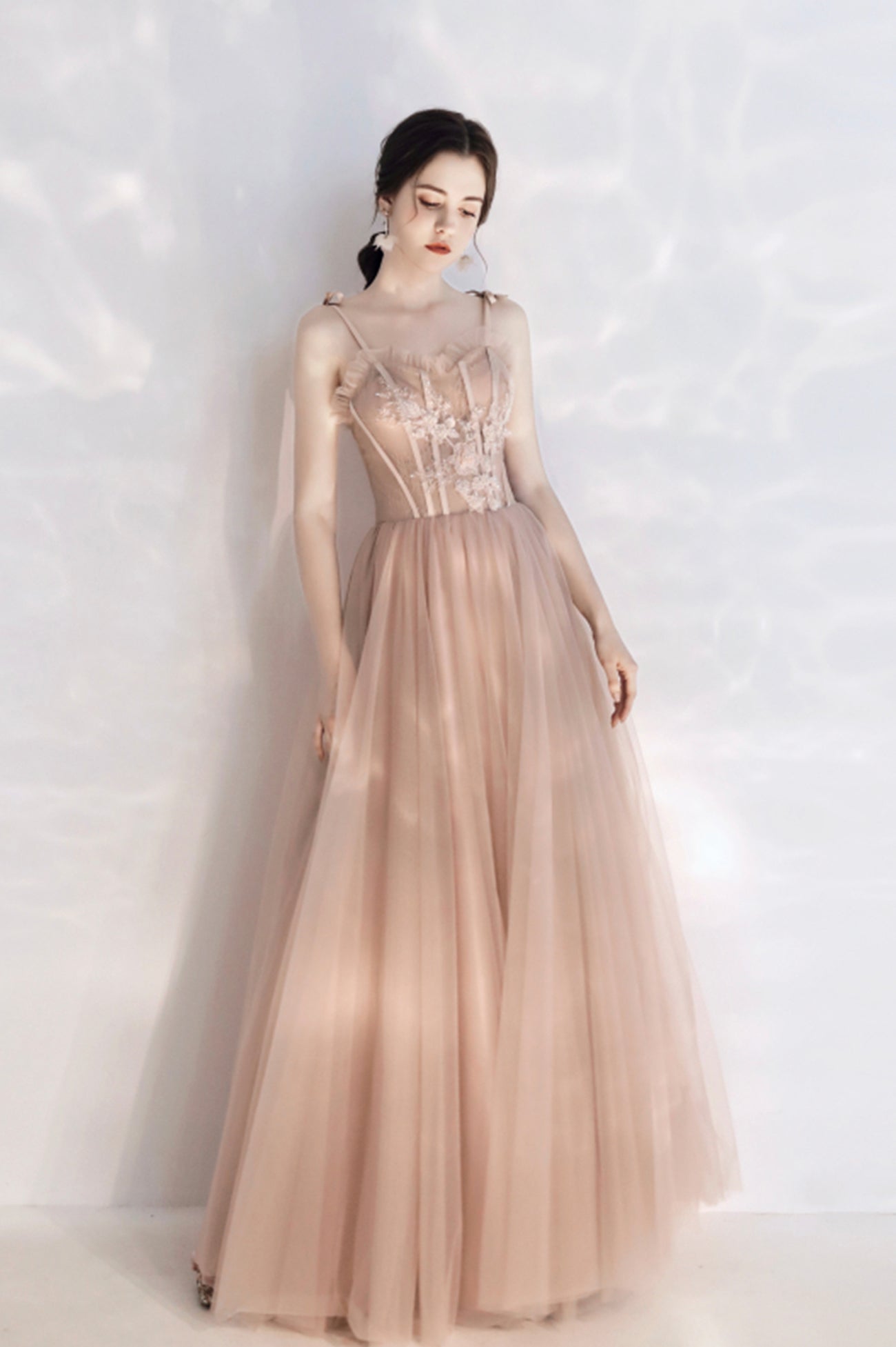 Pink Tulle Long A-Line Prom Dress with Lace, Pink Evening Party Dress
