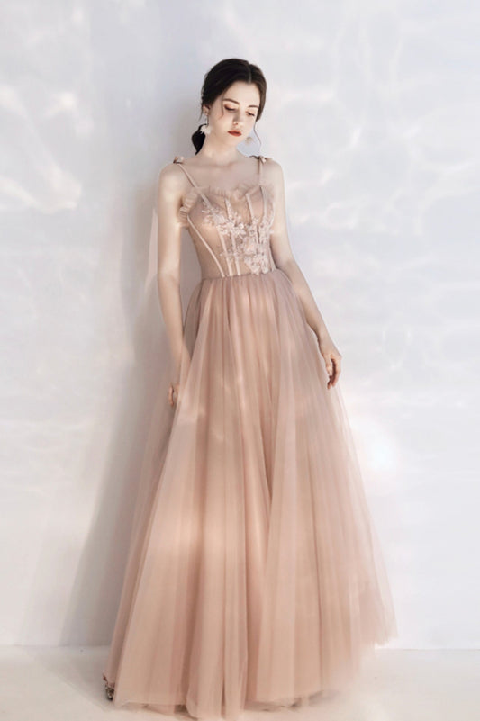 Pink Tulle Long A-Line Prom Dress with Lace, Pink Evening Party Dress