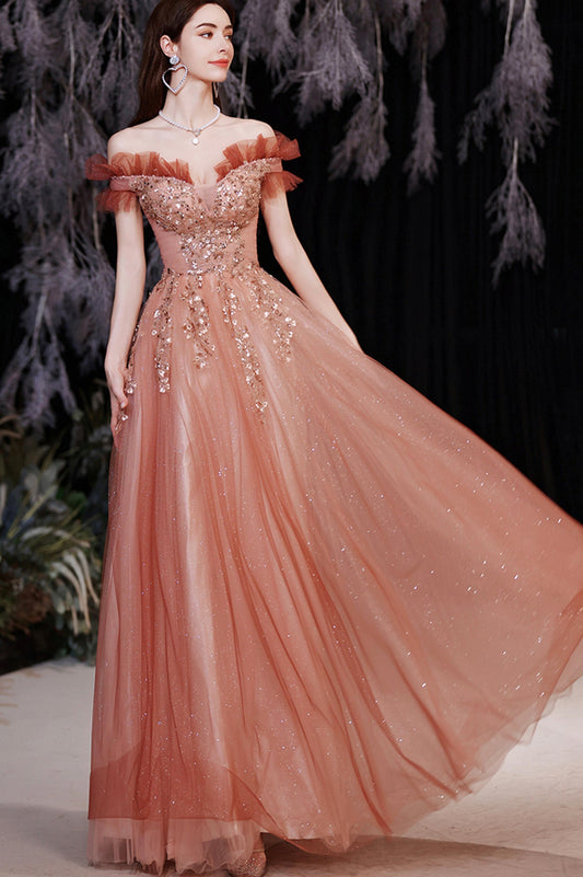 Shiny Tulle Long A-Line Prom Dress with Sequins, Off the Shoulder Evening Dress