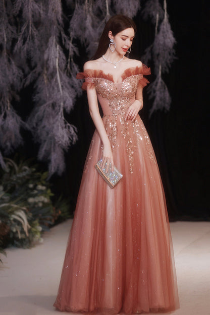 Shiny Tulle Long A-Line Prom Dress with Sequins, Off the Shoulder Evening Dress