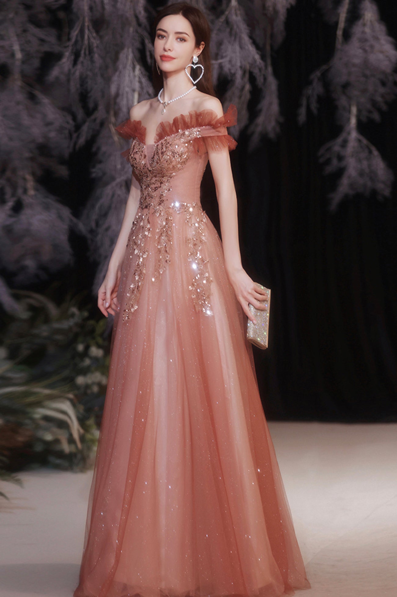 Shiny Tulle Long A-Line Prom Dress with Sequins, Off the Shoulder Evening Dress