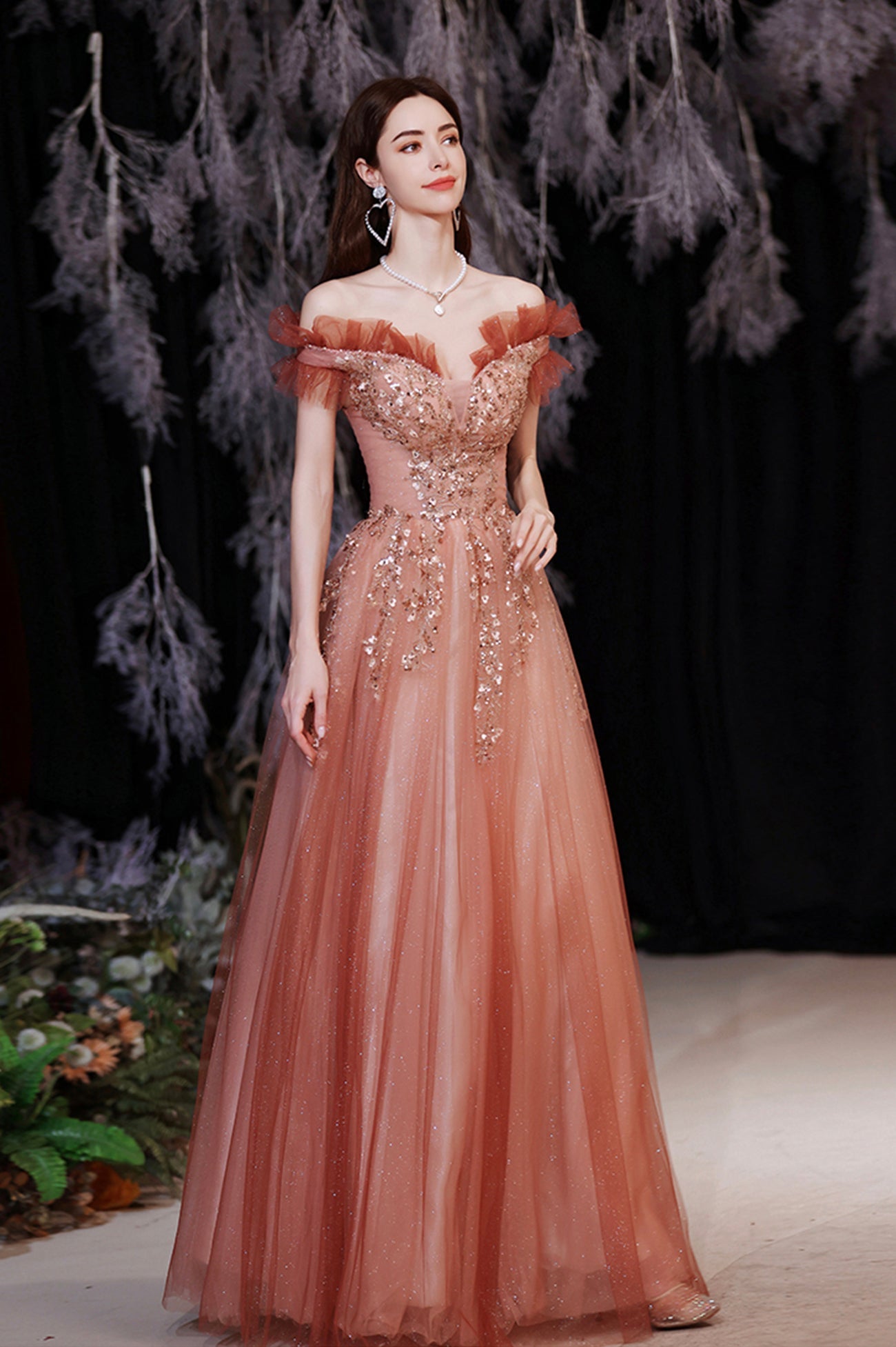 Shiny Tulle Long A-Line Prom Dress with Sequins, Off the Shoulder Evening Dress