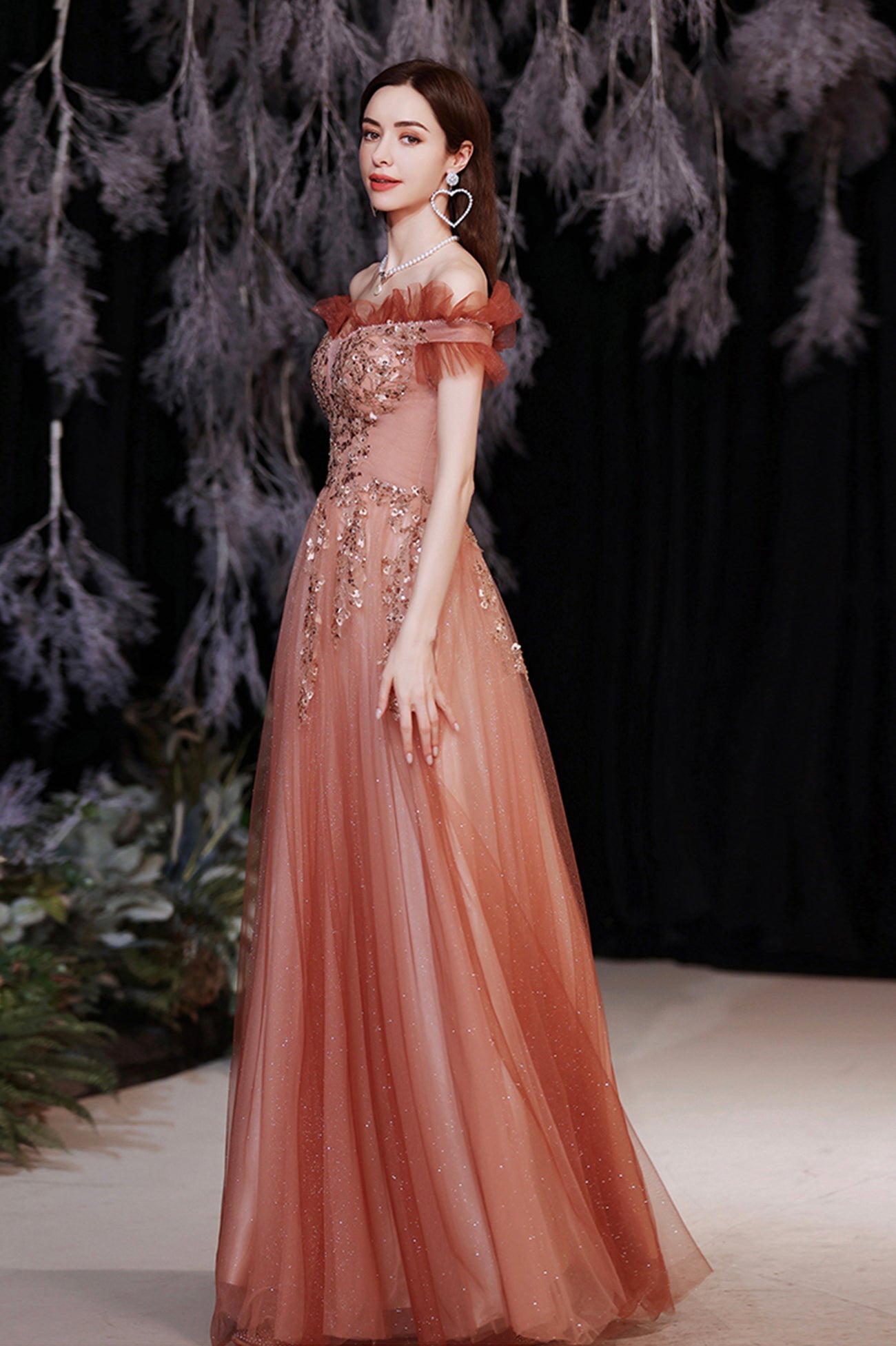 Shiny Tulle Long A-Line Prom Dress with Sequins, Off the Shoulder Evening Dress
