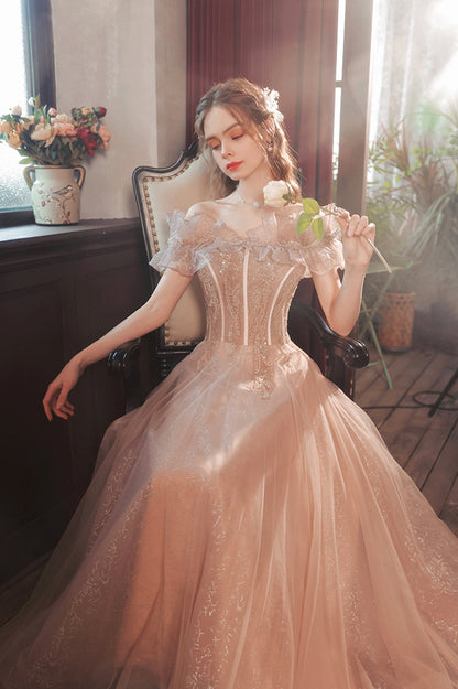 Pink Tulle Long A-Line Prom Dress with Sequins, Off the Shoulder Evening Party Dress