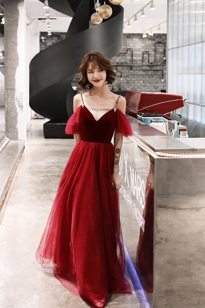 Burgundy A-Line Spaghetti Straps Long Prom Dress, Simple V-Neck Evening Dress