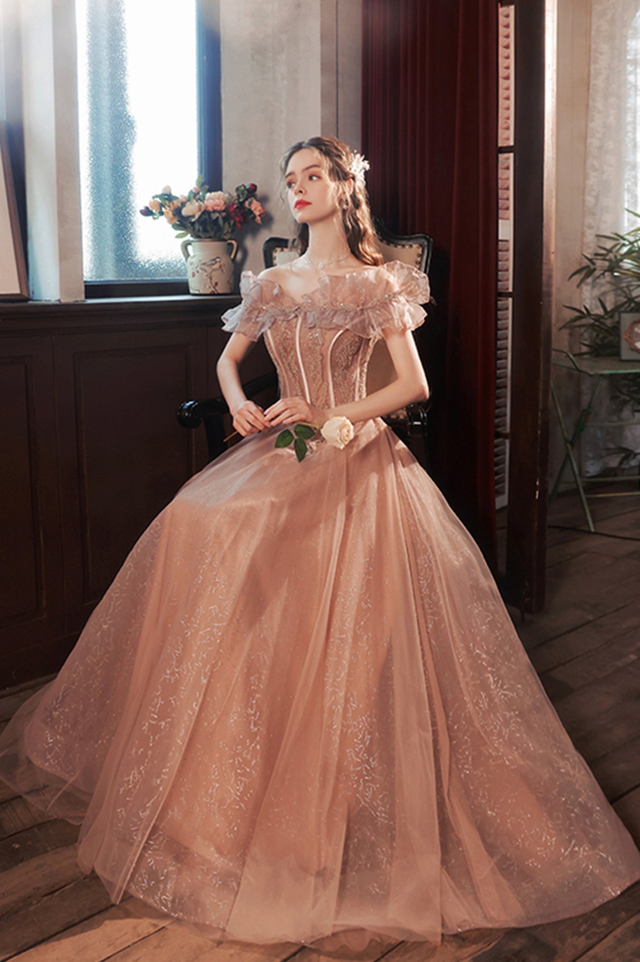 Pink Tulle Long A-Line Prom Dress with Sequins, Off the Shoulder Evening Party Dress