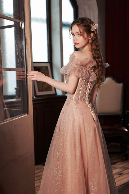 Pink Tulle Long A-Line Prom Dress with Sequins, Off the Shoulder Evening Party Dress