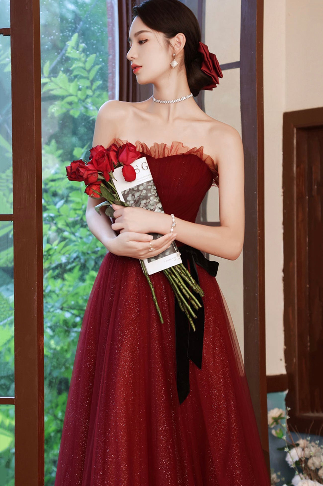 Burgundy Tulle Long A-Line Prom Dress, Off the Shoulder Evening Dress