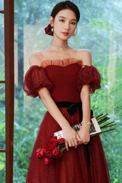 Burgundy Tulle Long A-Line Prom Dress, Off the Shoulder Evening Dress