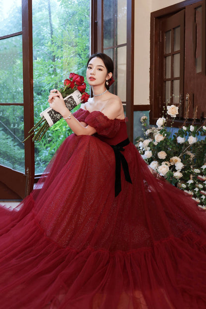 Burgundy Tulle Long A-Line Prom Dress, Off the Shoulder Evening Dress