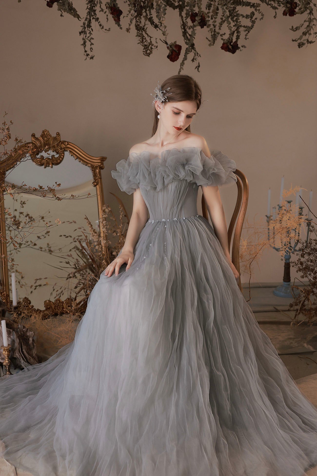 Gray Tulle Long A-Line Prom Dress, Off the Shoulder Formal Evening Dress