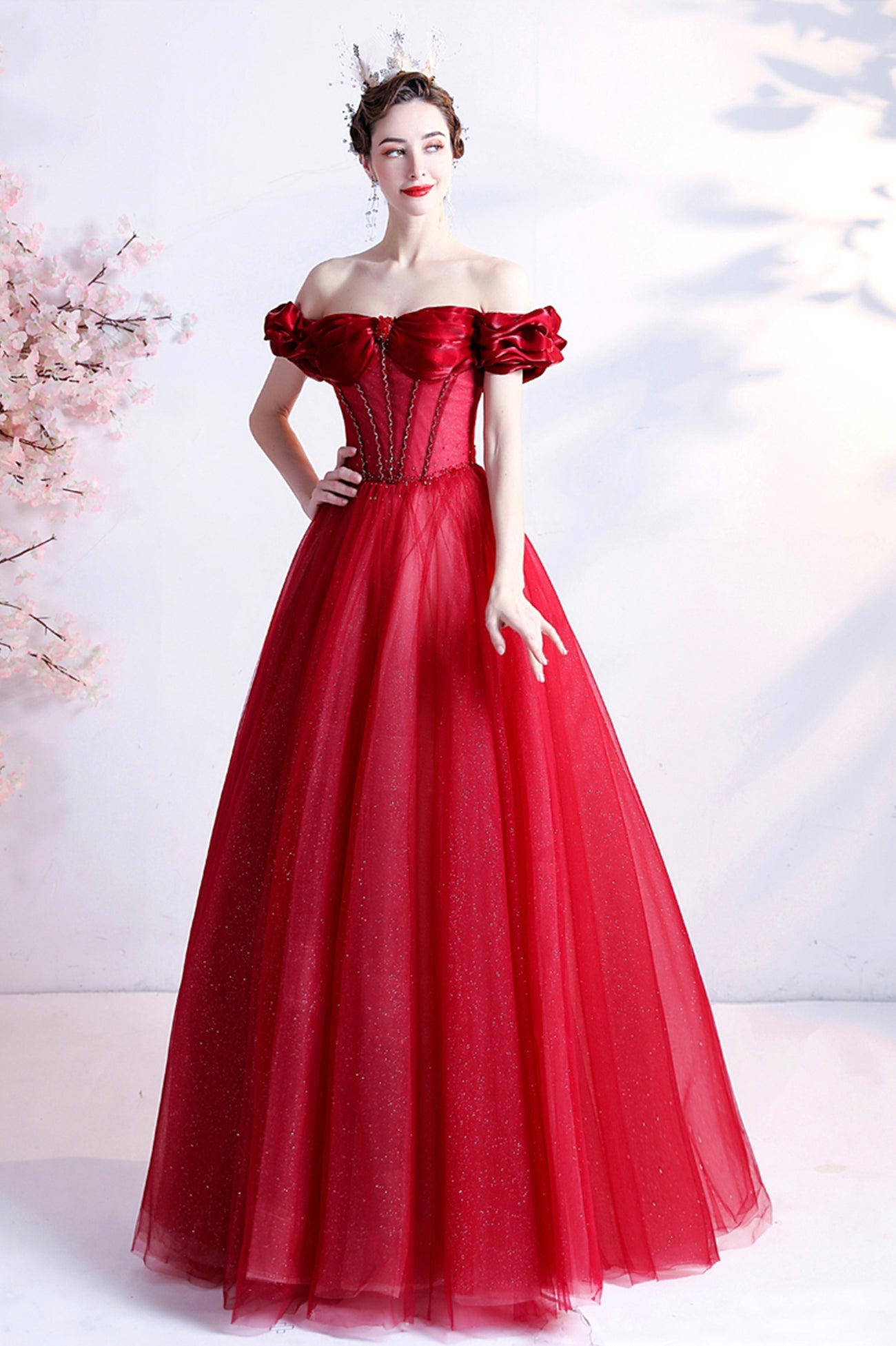 Red Tulle Off the Shoulder Long Prom Dress, A-Line Graduation Dress