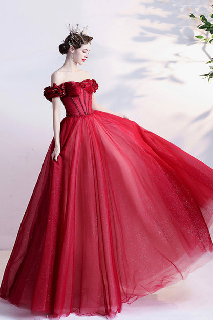 Red Tulle Off the Shoulder Long Prom Dress, A-Line Graduation Dress