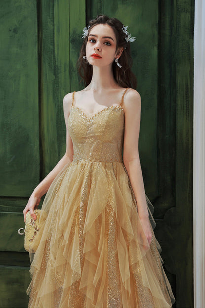Gold Sequins Long A-Line Prom Dress, Cute Spaghetti Straps Evening Party Dress