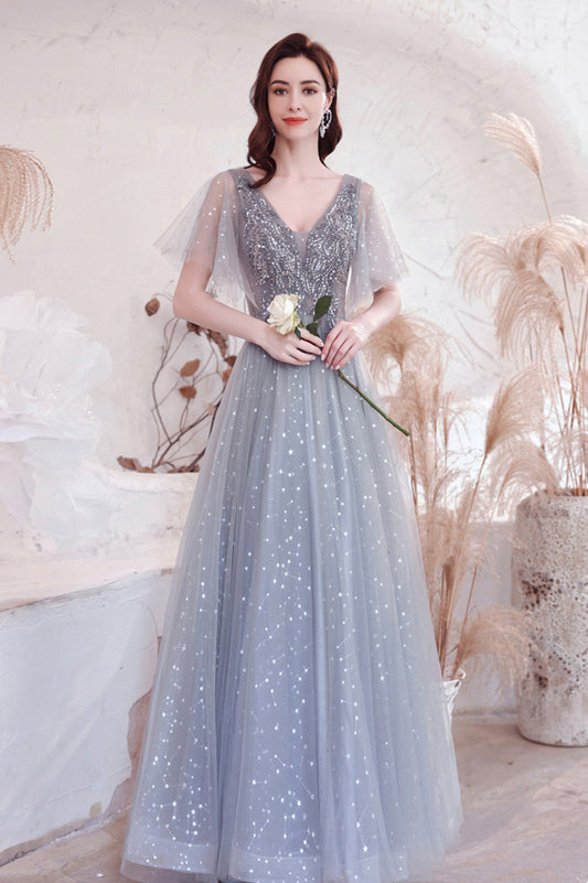 Gray V-Neck Tulle Sequins Long Prom Dress, A-Line Evening Graduation Dress