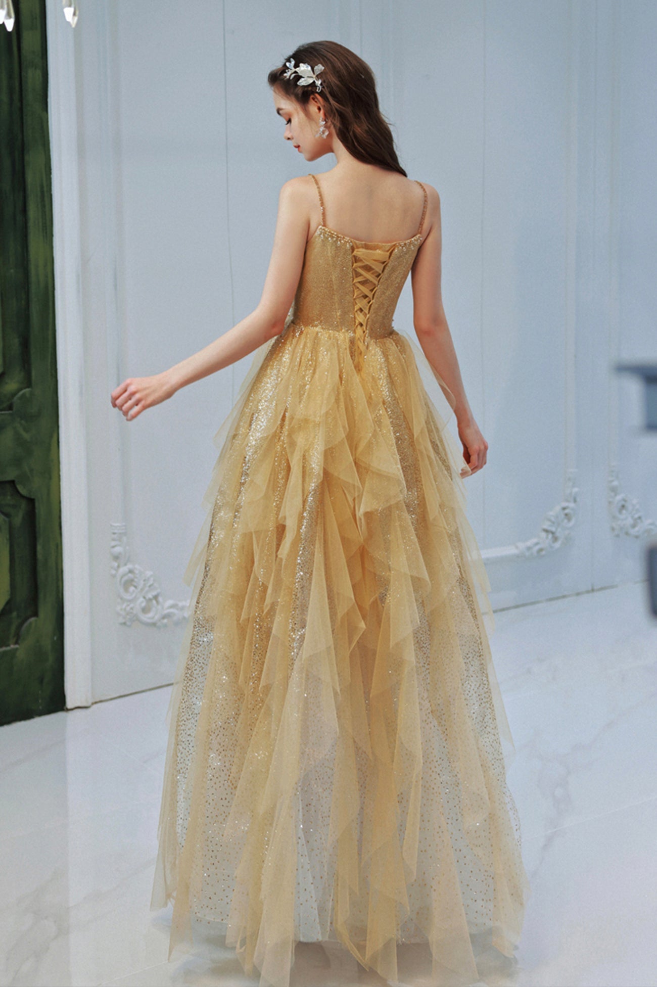 Gold Sequins Long A-Line Prom Dress, Cute Spaghetti Straps Evening Party Dress