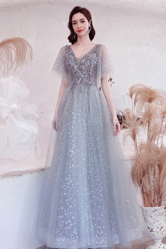 Gray V-Neck Tulle Sequins Long Prom Dress, A-Line Evening Graduation Dress