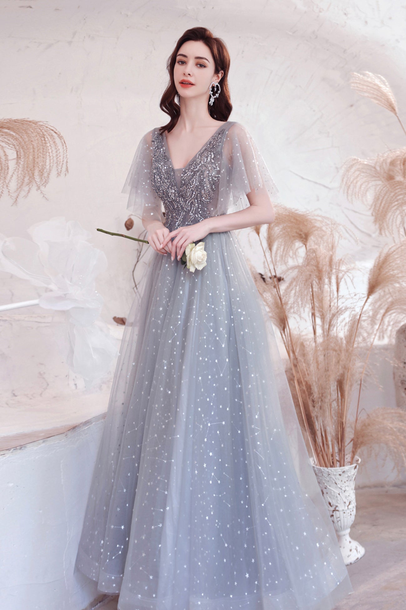 Gray V-Neck Tulle Sequins Long Prom Dress, A-Line Evening Graduation Dress