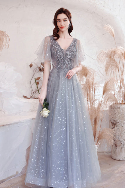 Gray V-Neck Tulle Sequins Long Prom Dress, A-Line Evening Graduation Dress