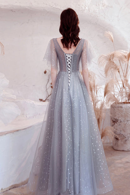 Gray V-Neck Tulle Sequins Long Prom Dress, A-Line Evening Graduation Dress