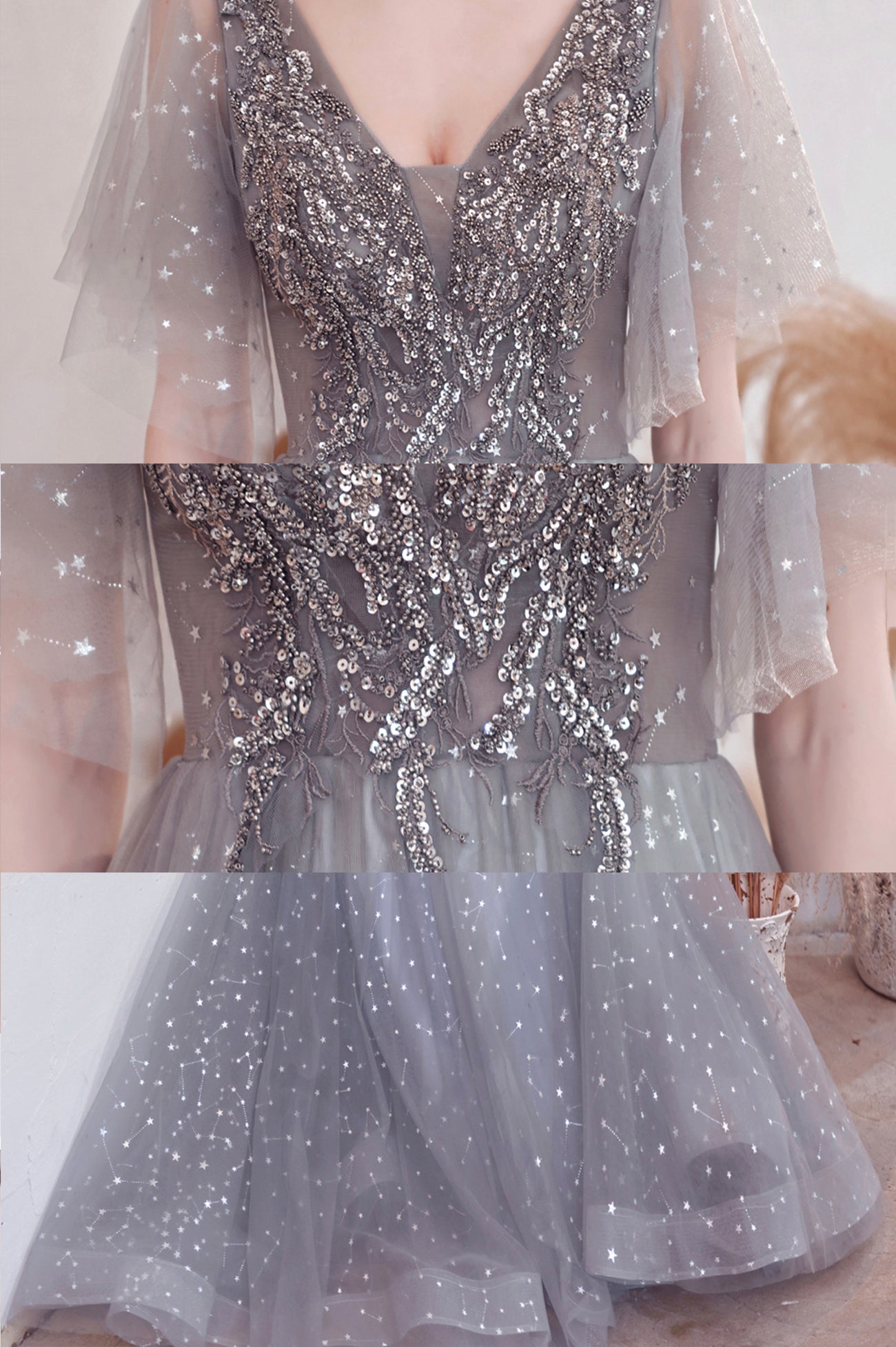 Gray V-Neck Tulle Sequins Long Prom Dress, A-Line Evening Graduation Dress