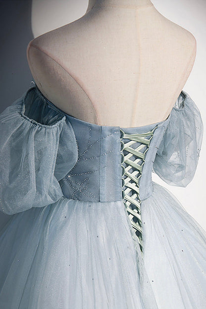 Blue Tulle Long A-Line Ball Gown, Off the Shoulder Formal Evening Dress