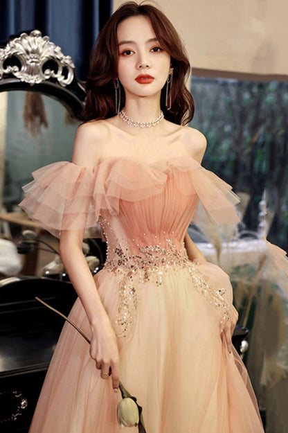 Pink Tulle Long A-Line Prom Dress with Sequins, Off the Shoulder Evening Party Dress