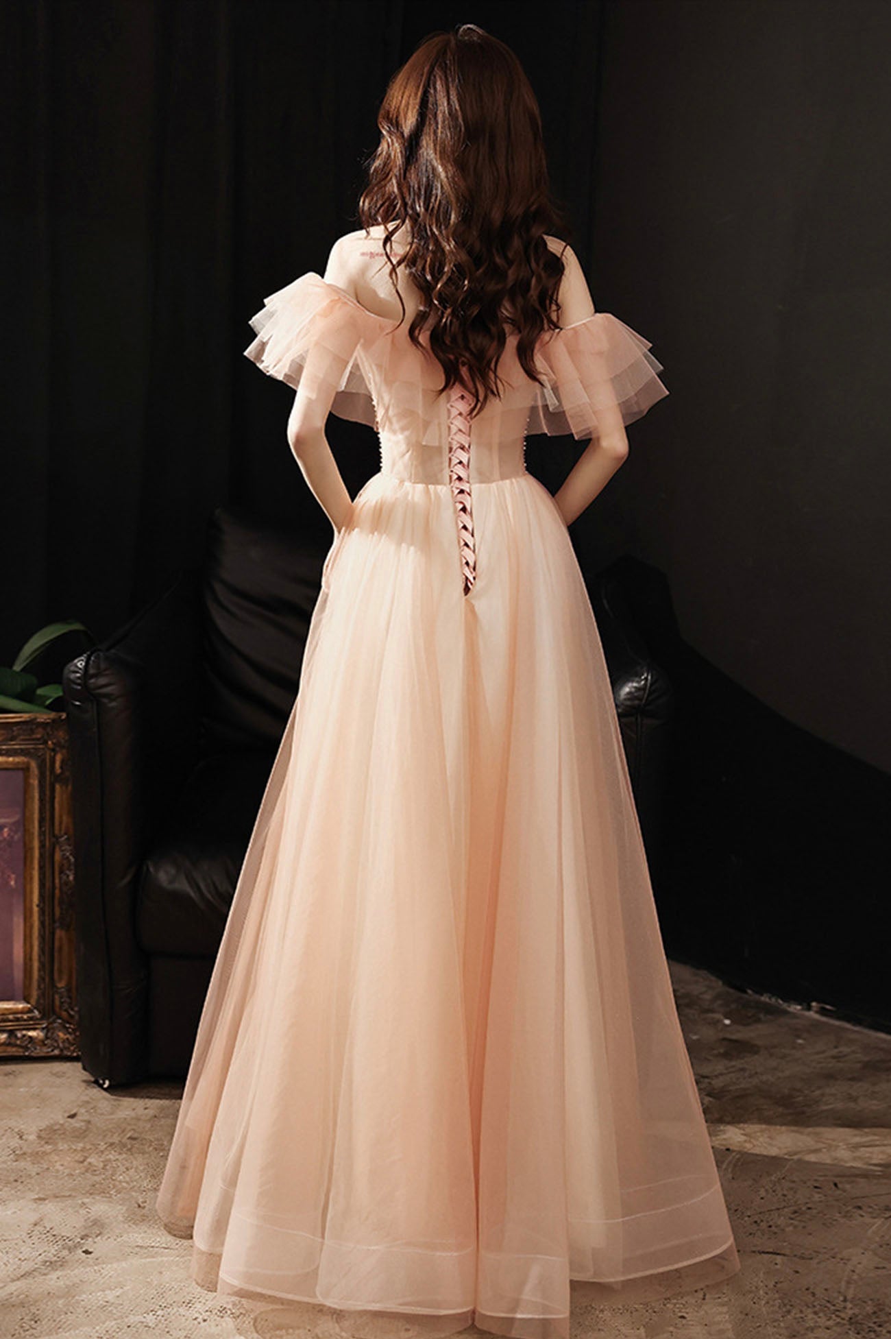 Pink Tulle Long A-Line Prom Dress with Sequins, Off the Shoulder Evening Party Dress