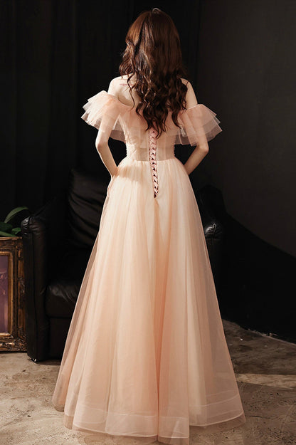 Pink Tulle Long A-Line Prom Dress with Sequins, Off the Shoulder Evening Party Dress