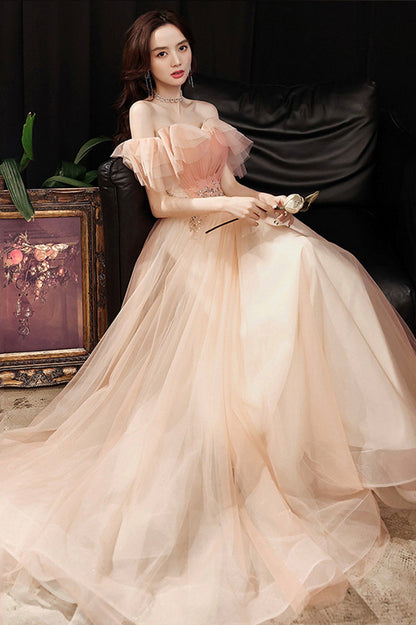 Pink Tulle Long A-Line Prom Dress with Sequins, Off the Shoulder Evening Party Dress
