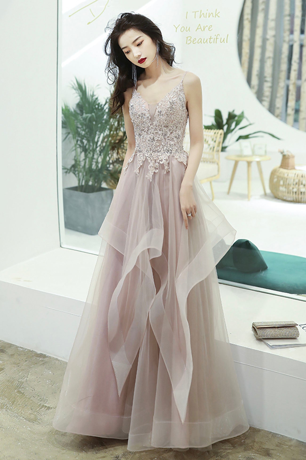 Pink Lace Long A-Line Prom Dress, Pink Spaghetti Straps Evening Dress