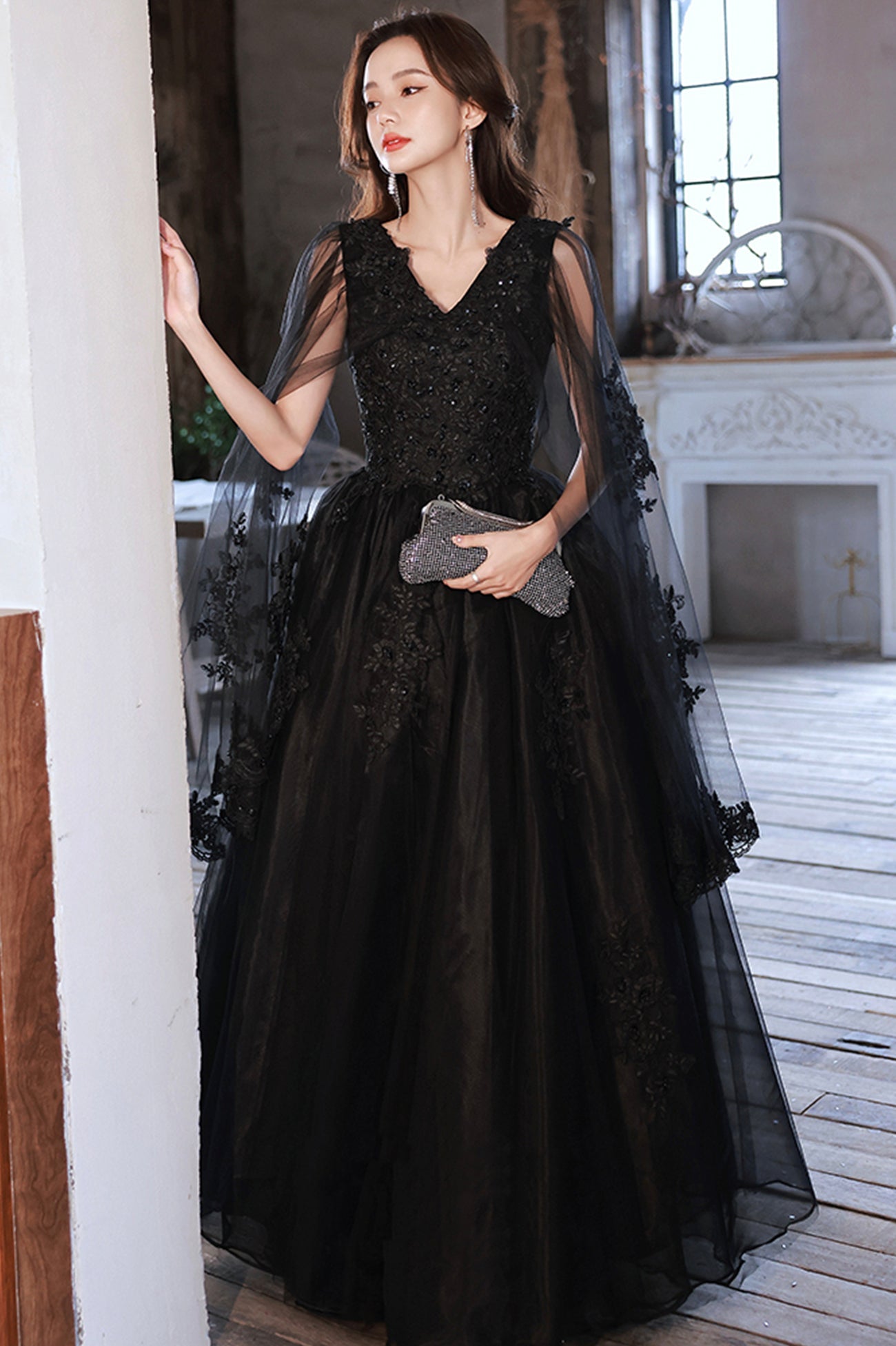 Black V-Neck Lace Long Prom Dress, Black A-Line Evening Party Dress