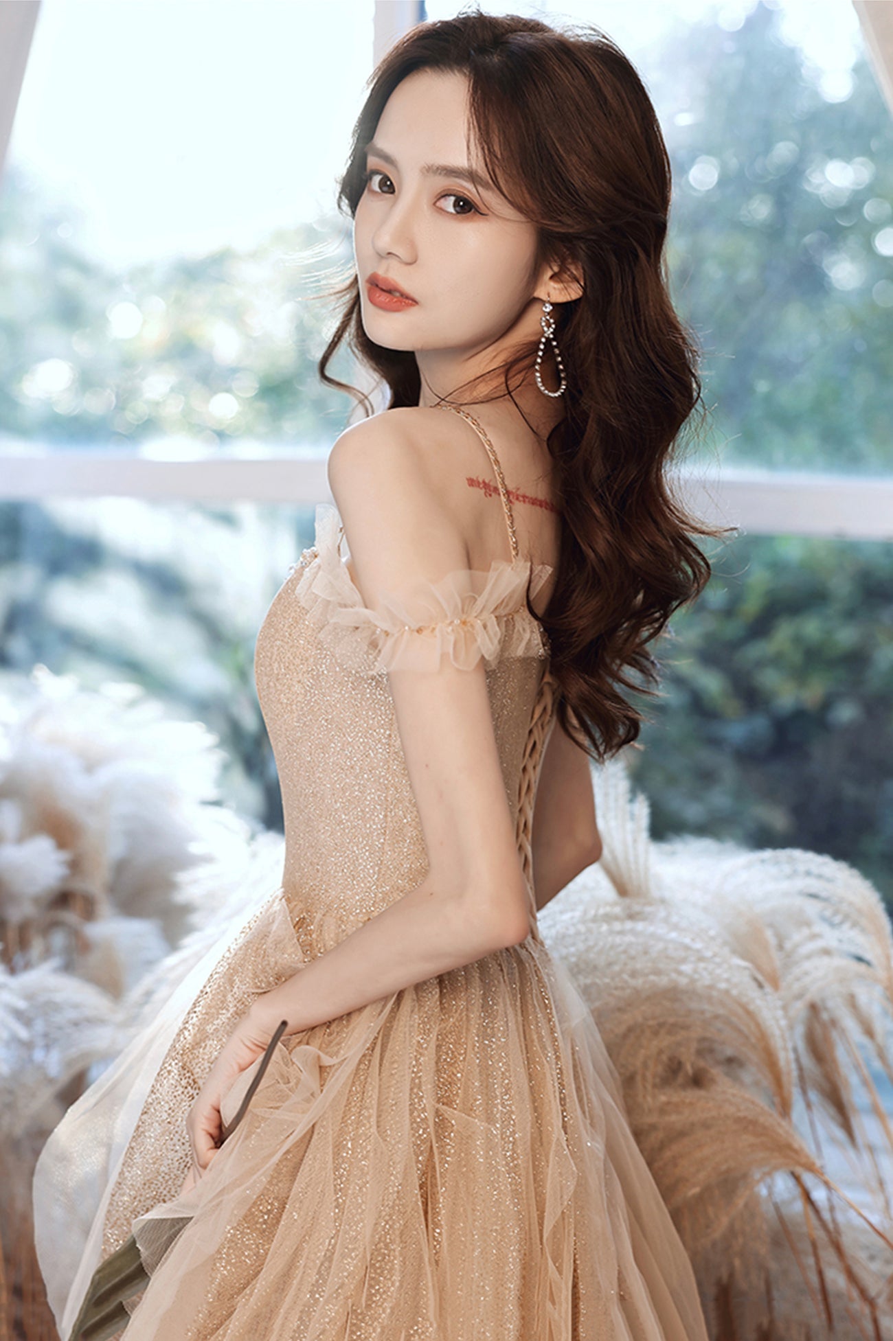 A-Line Tulle Long Prom Dress with Sequins, Spaghetti Straps Evening Dress