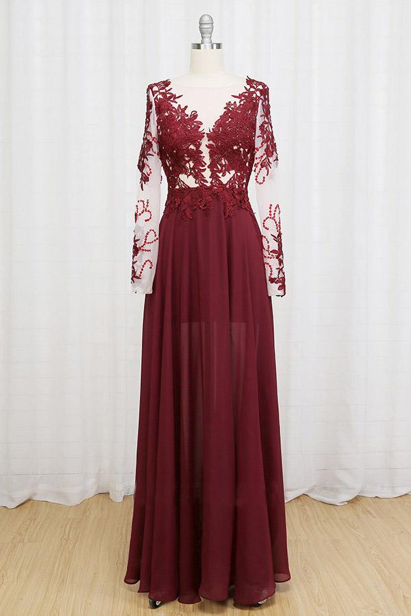 Black Lace Applique Long Sleeve Chiffon Prom Dress Evening Dresses GP80