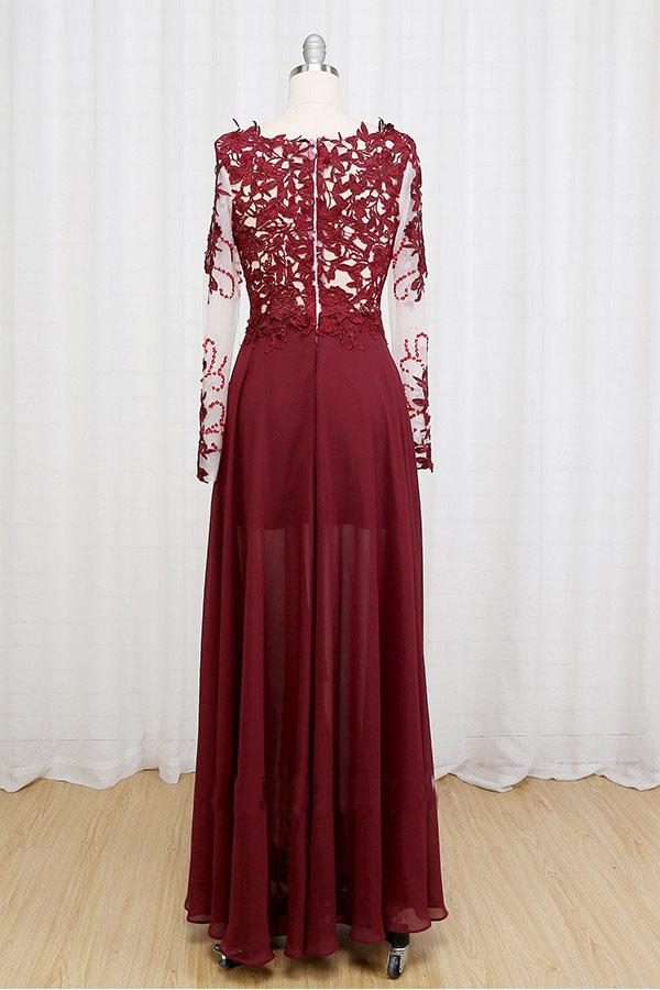 Black Lace Applique Long Sleeve Chiffon Prom Dress Evening Dresses GP80