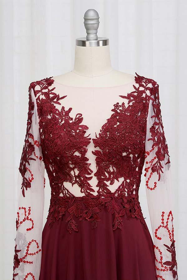 Black Lace Applique Long Sleeve Chiffon Prom Dress Evening Dresses GP80