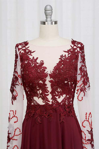 Black Lace Applique Long Sleeve Chiffon Prom Dress Evening Dresses GP80