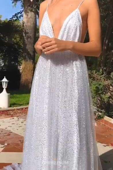 Sparkly Long Prom Dress Spaghetti V Neck Backless Sequin Evening Gown GP16
