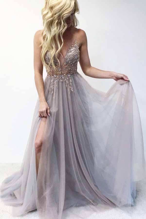 Spaghetti Straps V-neck Beaded Bodice Long Prom Dress with Slit MP353