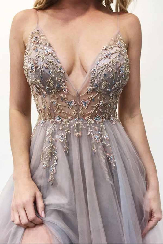 Spaghetti Straps V-neck Beaded Bodice Long Prom Dress with Slit MP353