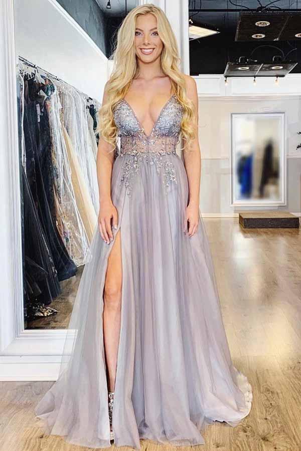 Spaghetti Straps V-neck Beaded Bodice Long Prom Dress with Slit MP353