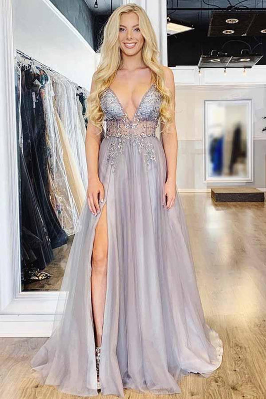 Spaghetti Straps V-neck Beaded Bodice Long Prom Dress with Slit MP353
