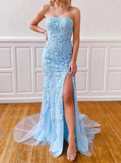 Sky Blue Strapless Mermaid Prom Dress, Long Formal Evening Dress MP02