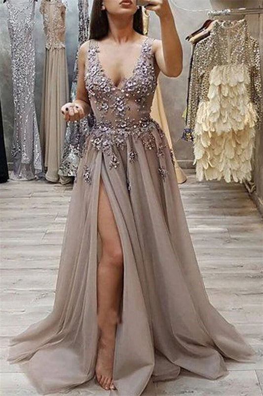 V-neck Appliques Beading Long Prom Dress Slit Tulle Evening Gown MP314