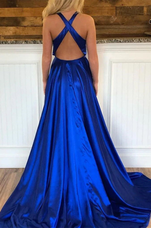 Simple V-Neck Royal Blue Long Prom Dress Criss-Cross Back With Slit MP745