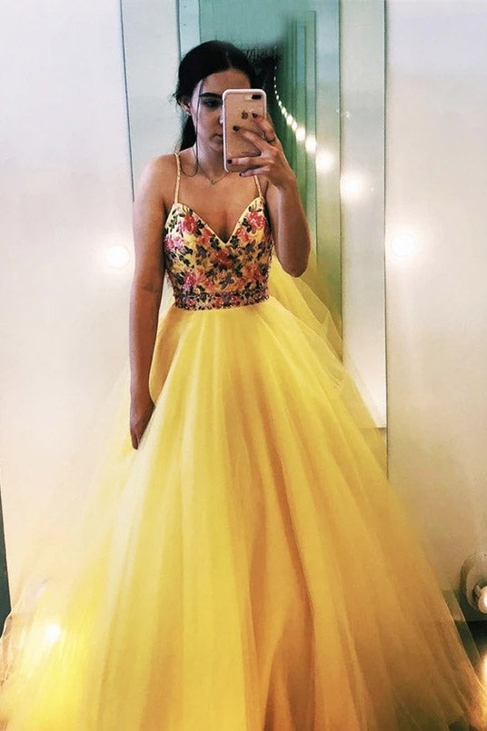 Yellow V-neck Beading Appliques Tulle Long Prom Dress Evening Dress MP1196