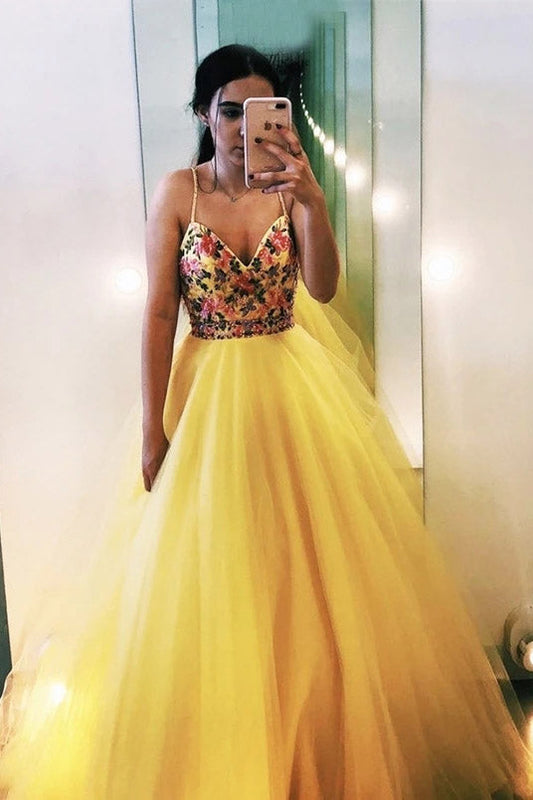 Yellow V-neck Beading Appliques Tulle Long Prom Dress Evening Dress MP1196