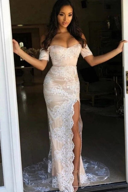 Lace Sheath Long Prom Dress, Short Sleeves Evenging Gown With Split MP1153