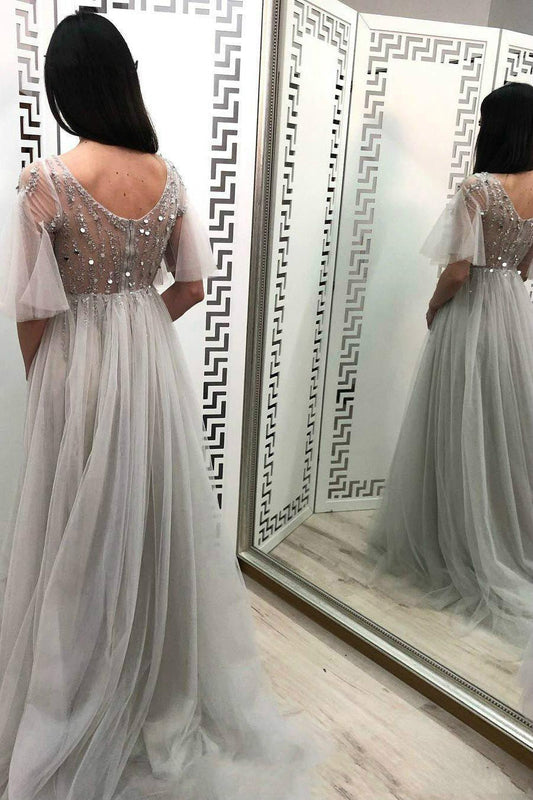 A-line V-neck Beading Tulle Long Prom Dress With Half Sleeves MP1166